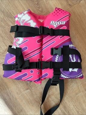 Aqua Bright Pink Children's Swim Vest with Black Accents size 30-50 pounds
